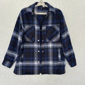 H&M DIVIDED WOMEN'S XXS OVERSIZED BLUE PLAID FLANNEL SNAP CLOSURE SHIRT JACKET